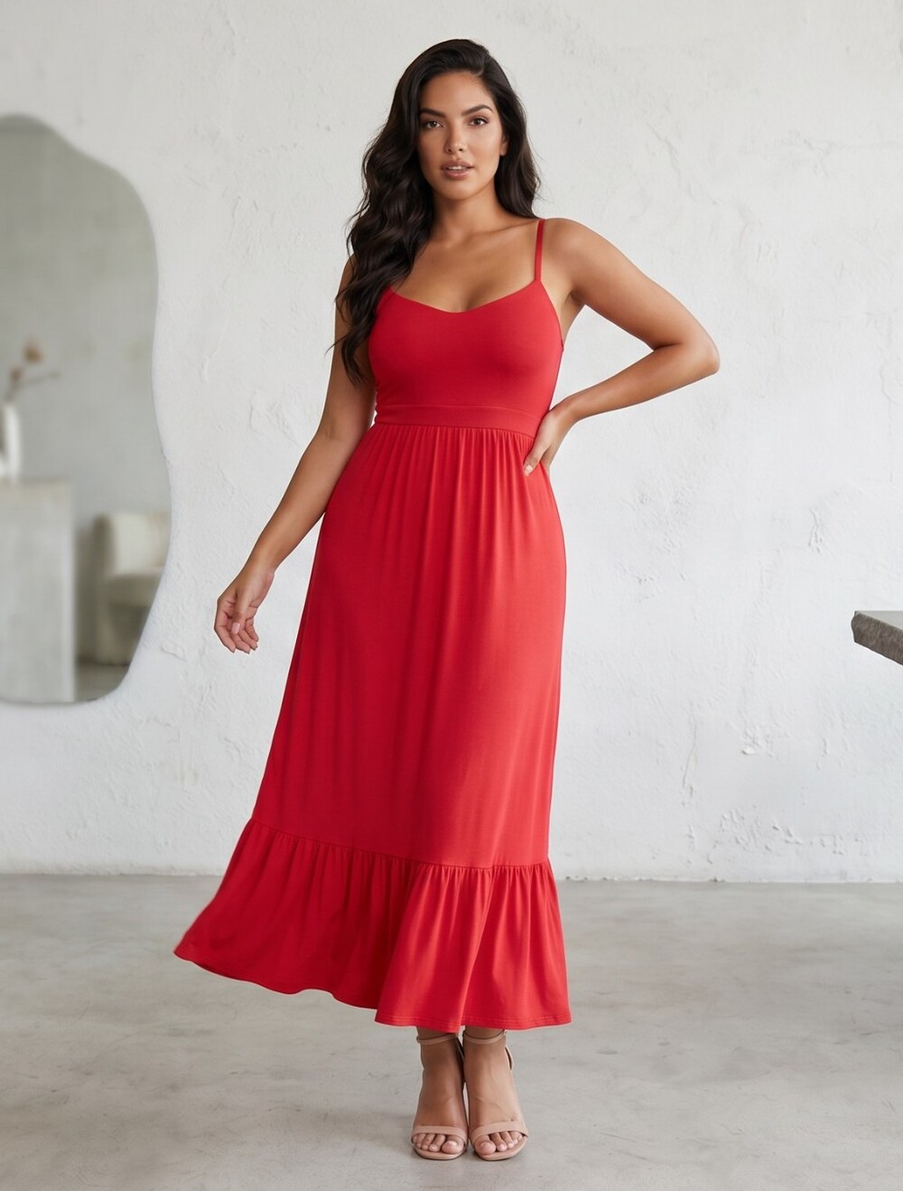 🆕 1X RED JERSEY SHIRRED HEM MAXI DRESS